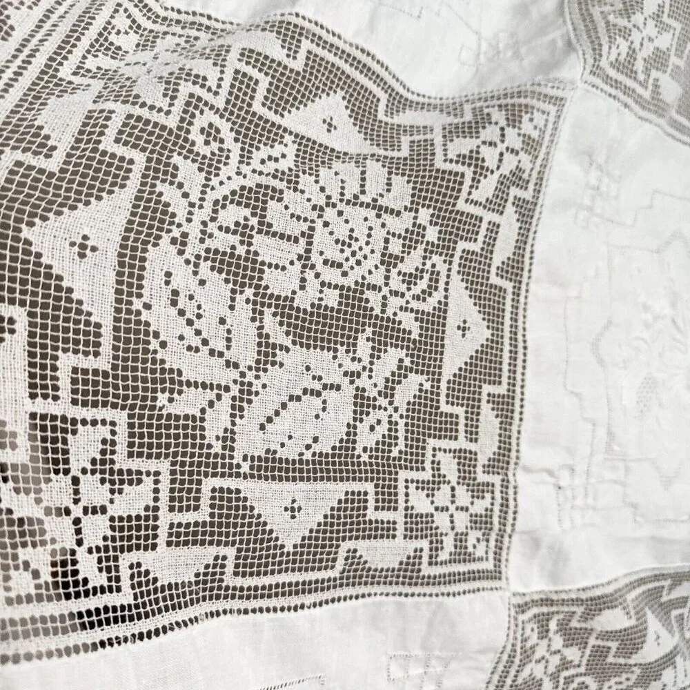 Vintage White Cotton Crochet Lace Embroidered Squares Table Covering Cloth